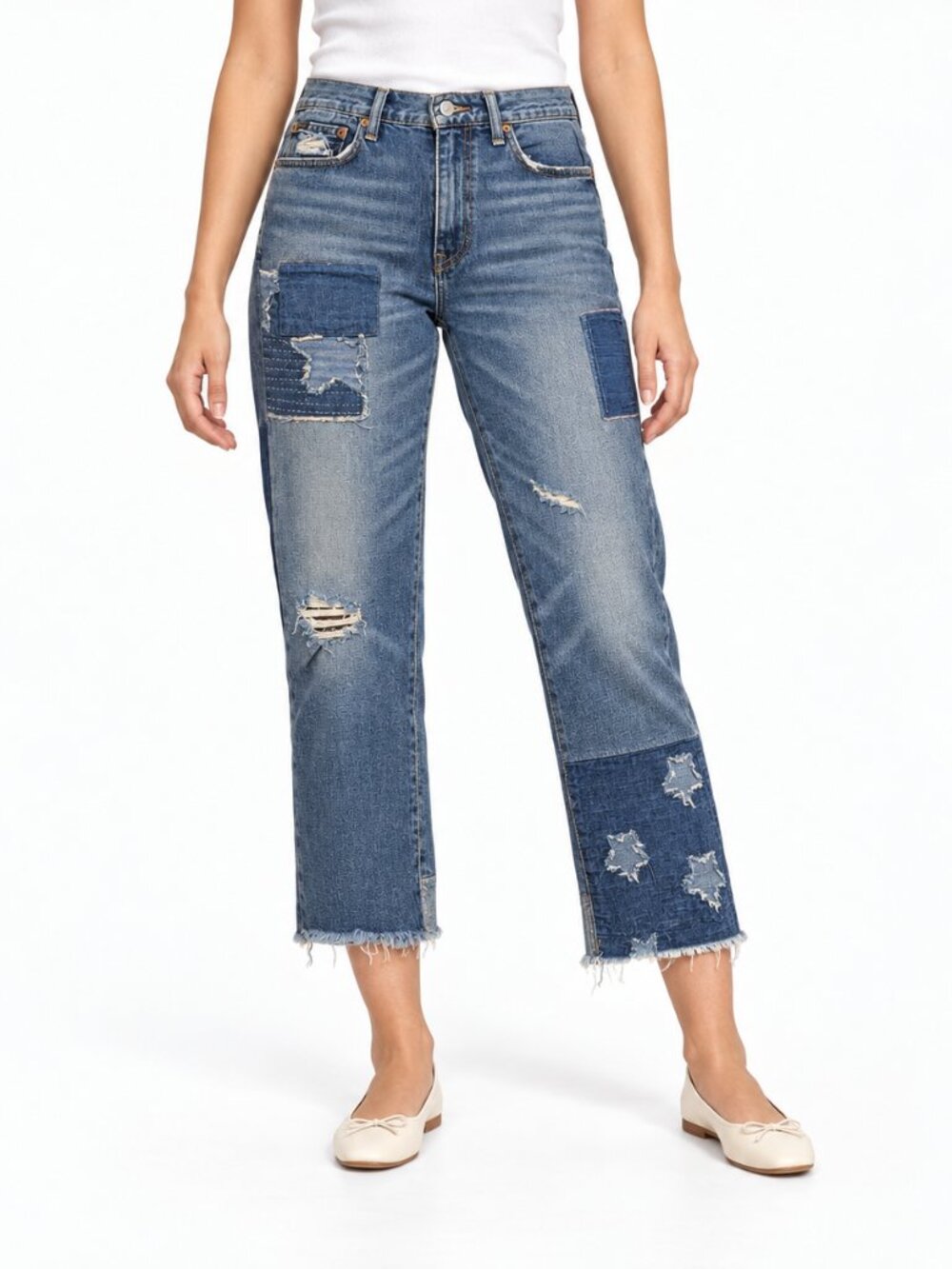 Polo Ralph Lauren Distressed Patchwork Cropped Straight Leg Jeans Size 30